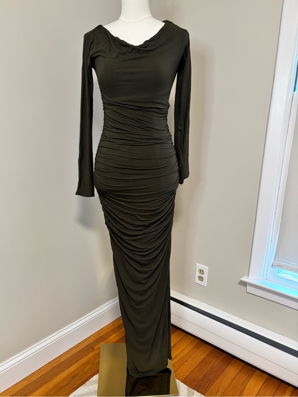 Naked Wardrobe Olive Green Ruched Long Sleeve Maxi Dress